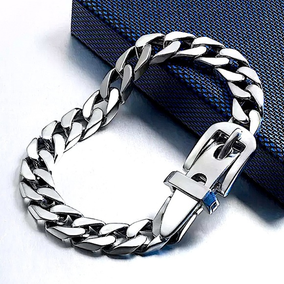 Belt Buckle Sterling Silver Bracelet Chain Link Unisex - Picture 1 of 8